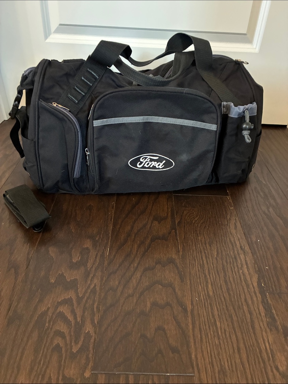 Vintage Ford Black Duffel Bag with Gray Trim and Ford Logo